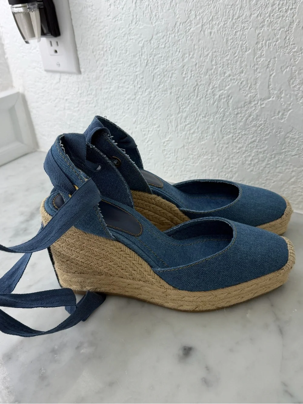 Zara Denim Blue Espadrille Wedges with Ankle Wraps